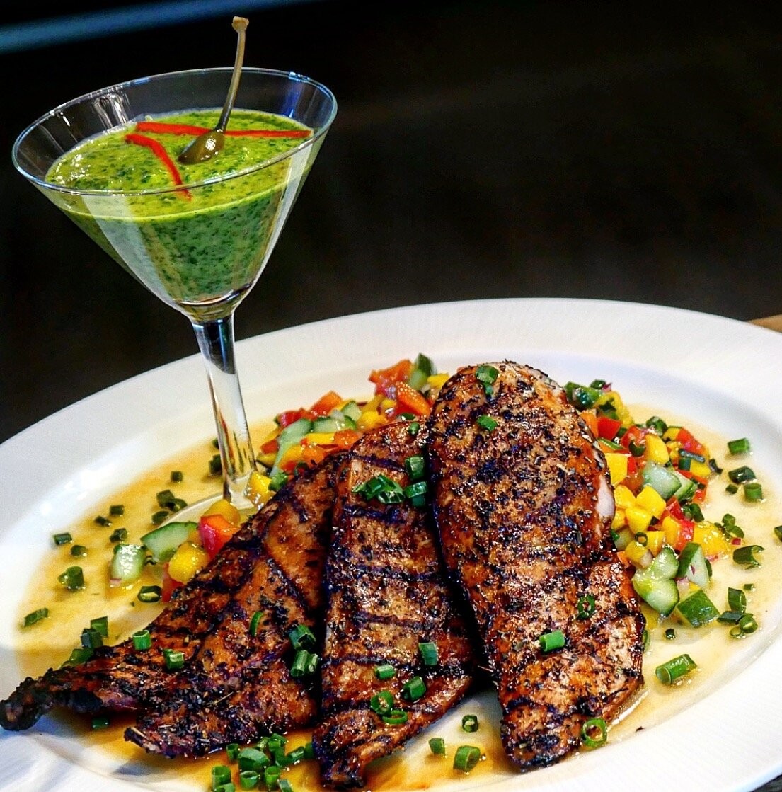 Parsley Martini along with grilled thinly sliced chicken breast and mango salsa.