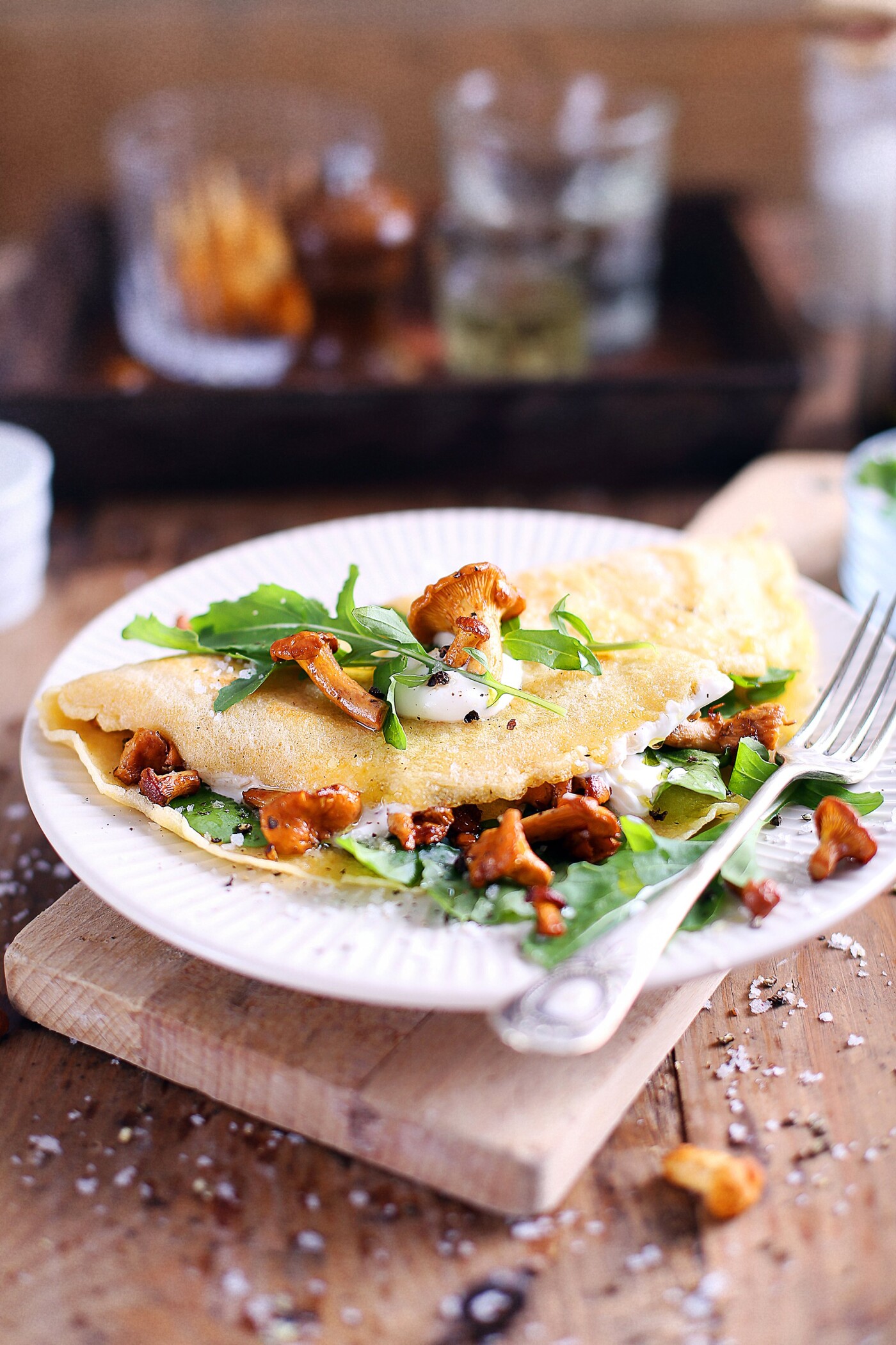 Savory Mushroom, Arugula And Cheese Crepes - a part of the cookbook photo shoot.