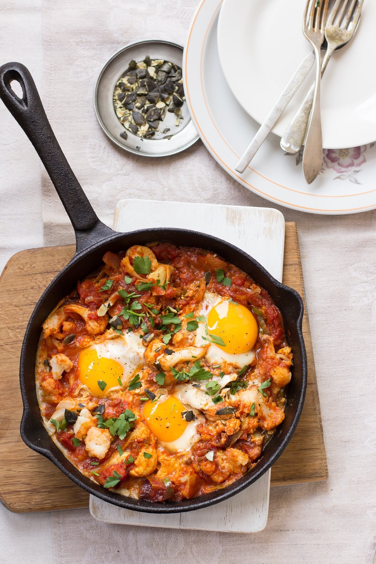 Cauliflower shakshuka is my winter variation of the classic Tunisian dish. I wanted the dish to look simple, healthy and ready-to-eat. 