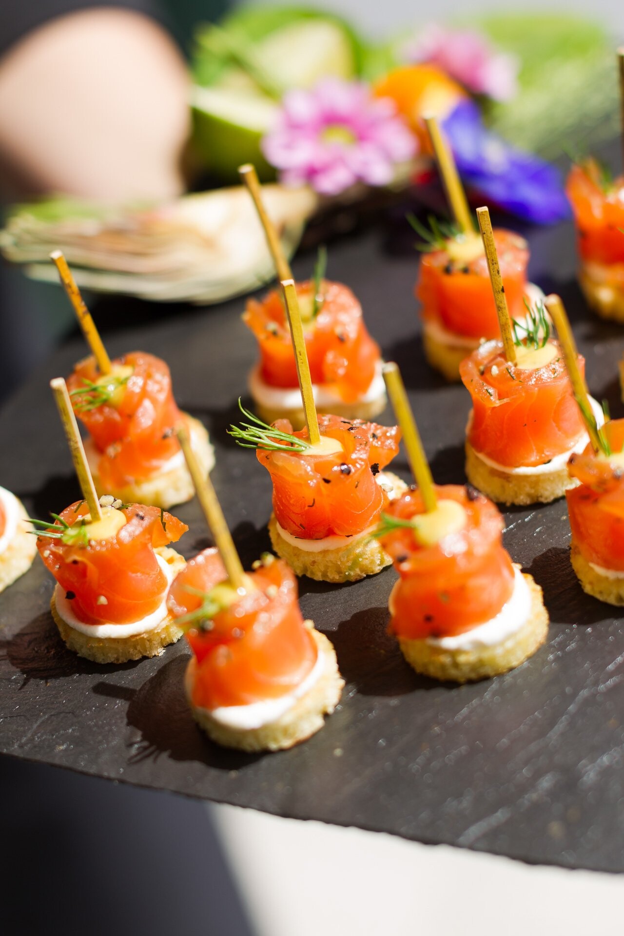 Canapés are not just super delicious, it’s also delightful to photograph these masterpieces! Here you can see some salmon appetizers.