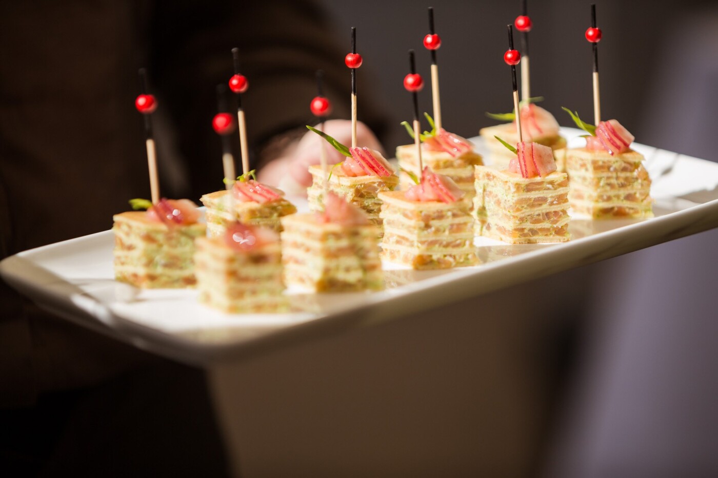 These canapés are consisting of pancakes and salmon and were served at cocktail hour on a wedding day at The Dolder Grand hotel in Zurich, Switzerland.