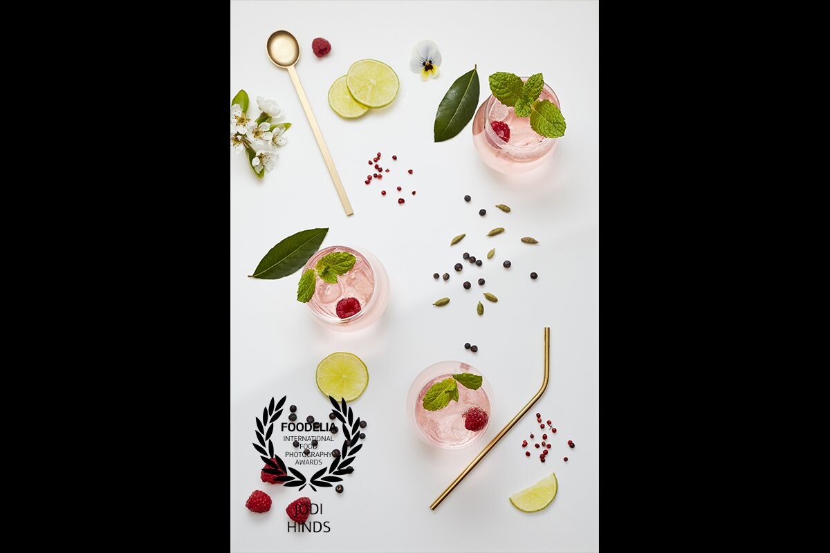 This was taken for The Telegraph Gin Experience events in the summer.  A gorgeous little set of gin and rose tonic with all the botanicals.<br />
<br />
Beautifully styled by @victoriagrier for The Telegraph: @telegraphfood for The Telegraph Gin Experience held in London each summer (http://telegraphevents.co.uk/telegraph-bespoke/telegraph-gin-experience/) <br />
Photograph: @jodihindsphoto