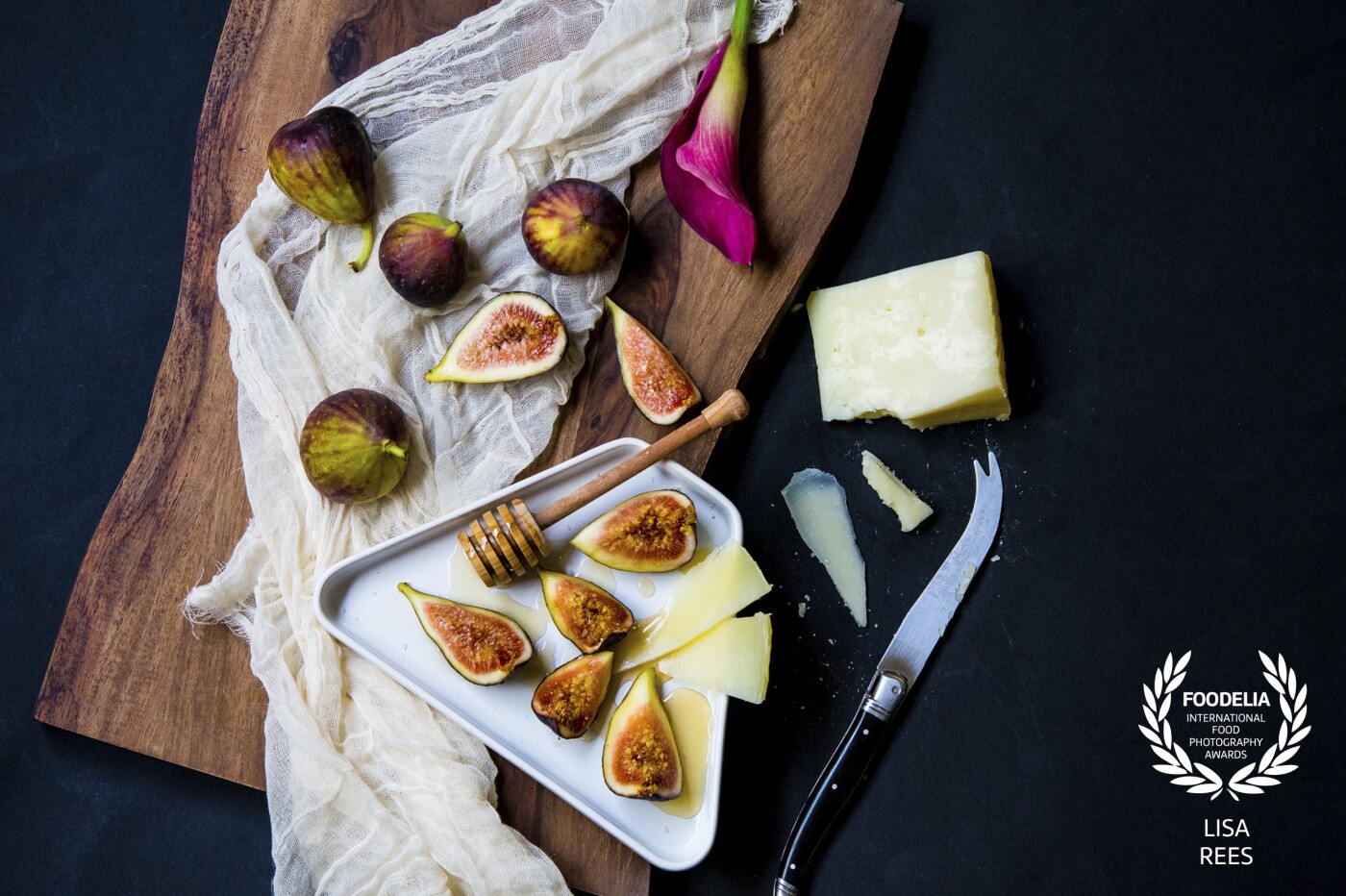 This image is a celebration of the gorgeous figs,  their sweetness is nicely balanced with Mitica Cordobes cheese and drizzles of honey.  I just love how colors, textures and tastes all come together in this shot.
