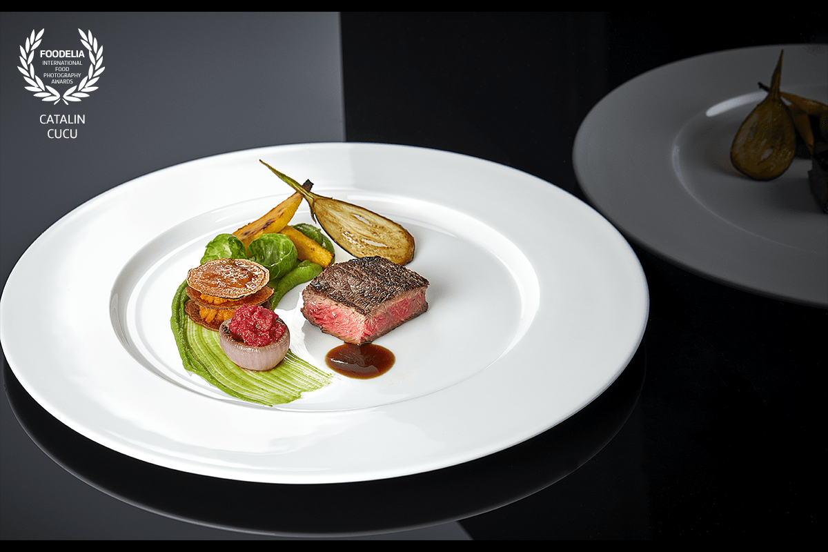 Beef Filet Mignon | Sweet potatoes mille feuille | Brussel sprouts | Beetroot.<br />
#Bojour_Salzburg_Photography<br />
Chef - Catalin Cucu<br />
I try to go away from the wood backdrops, Im sure there is something else out there!