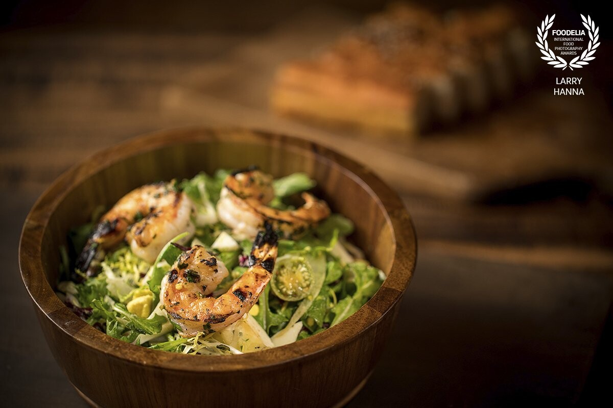 This delicious balsamic grilled shrimp salad was styled by Amy Villareale.  Photographed on location at a Los Angeles Restaurant. 