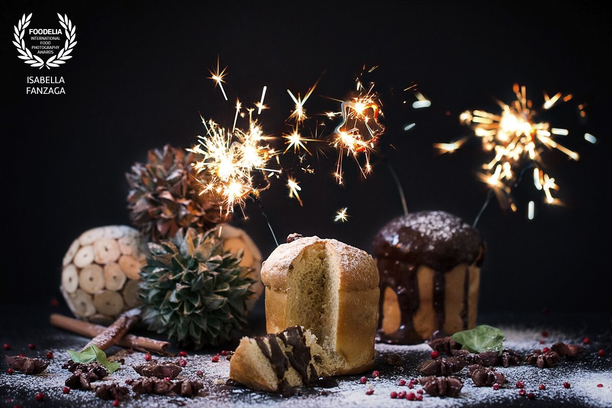 A sparkling Merry Christmas following the Italian tradition with tons of panettone slices topped with hot chocolate sauce and sprinkled with icing sugar....And it is a sweet Christmas this very minute!<br />
<br />
December 2017<br />
Photograph taken in my studio in London.