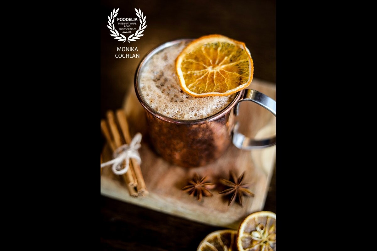 This photo has been taken for Market Lane in Cork, Ireland. A beautiful spiced winter drink. I like the pop of colour from the orange slice.