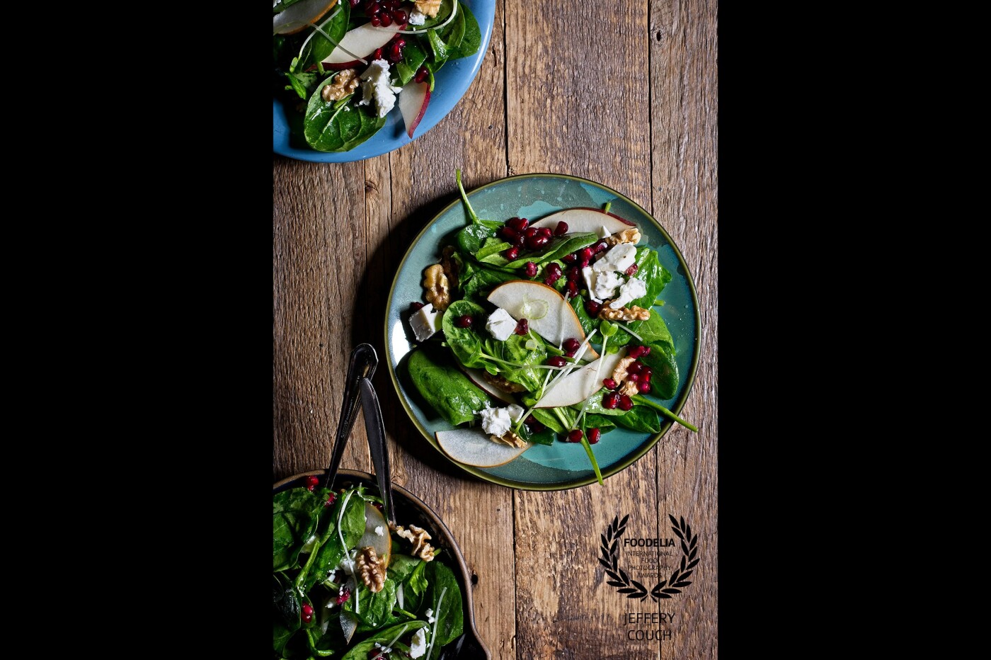 Spinach, pear and goat cheese salad, customer photo. Nikon D810, Alien Bee lights and Jeffcouchfood made background. Thank you for the recognition.