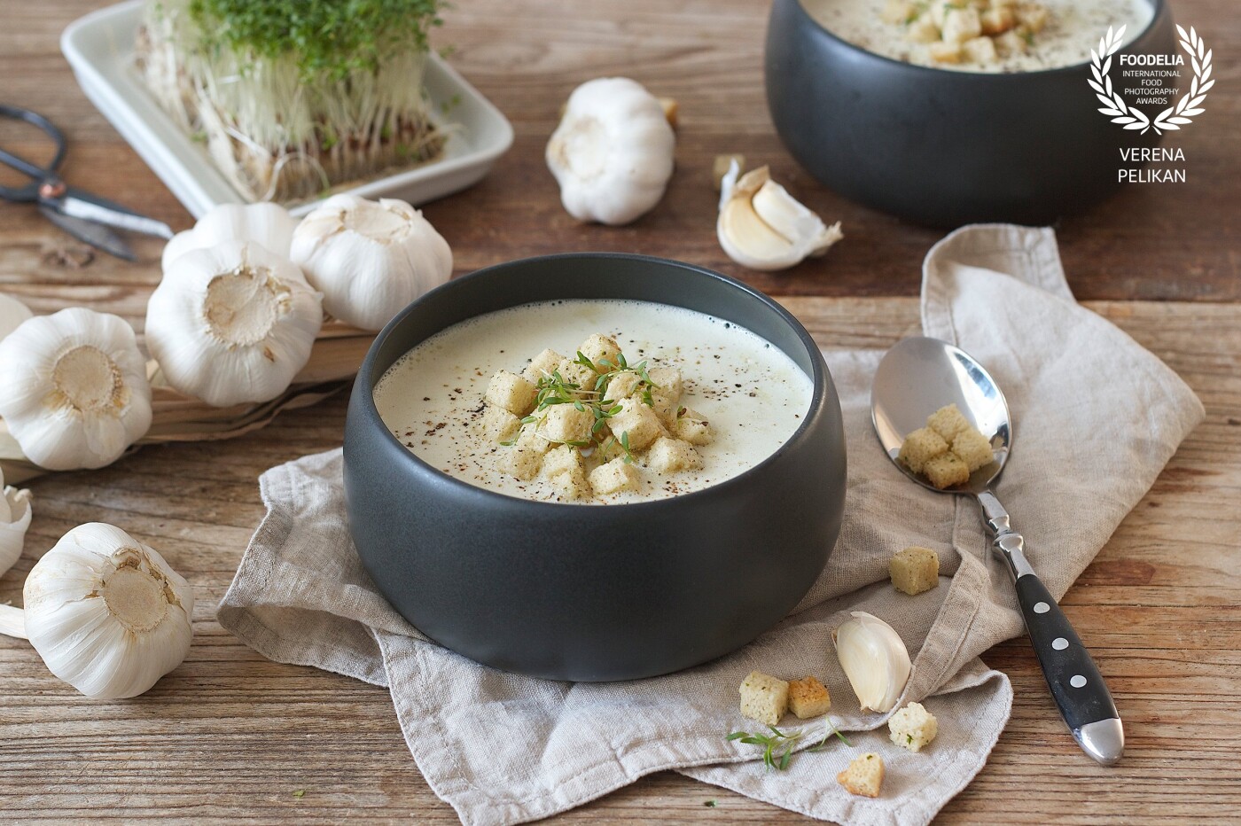 I love this homemade Cream of Garlic soup served with croutons and fresh cress.  <br />
Recipe can be found on my website www.sweetsandlifestyle.com
