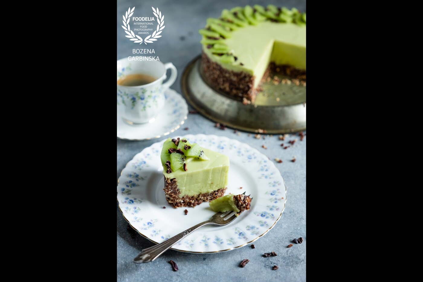 Avocado cheesecake. Smooth and delicious. <br />
Camera: Fuji X-T20 <br />
Lens: Fujinon 16-55 mm <br />
Settings: ISO 200, 40mm, 125s, f/2.8 <br />
Shot using natural light.