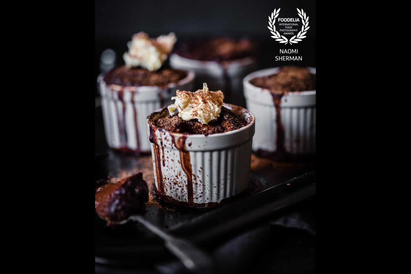 Chocolate Self-Saucing Pudding.<br />
Shot in my studio for my Edible Heirlooms cookbook.<br />
These individual chocolate puddings were sidelit, using natural diffused light.<br />
