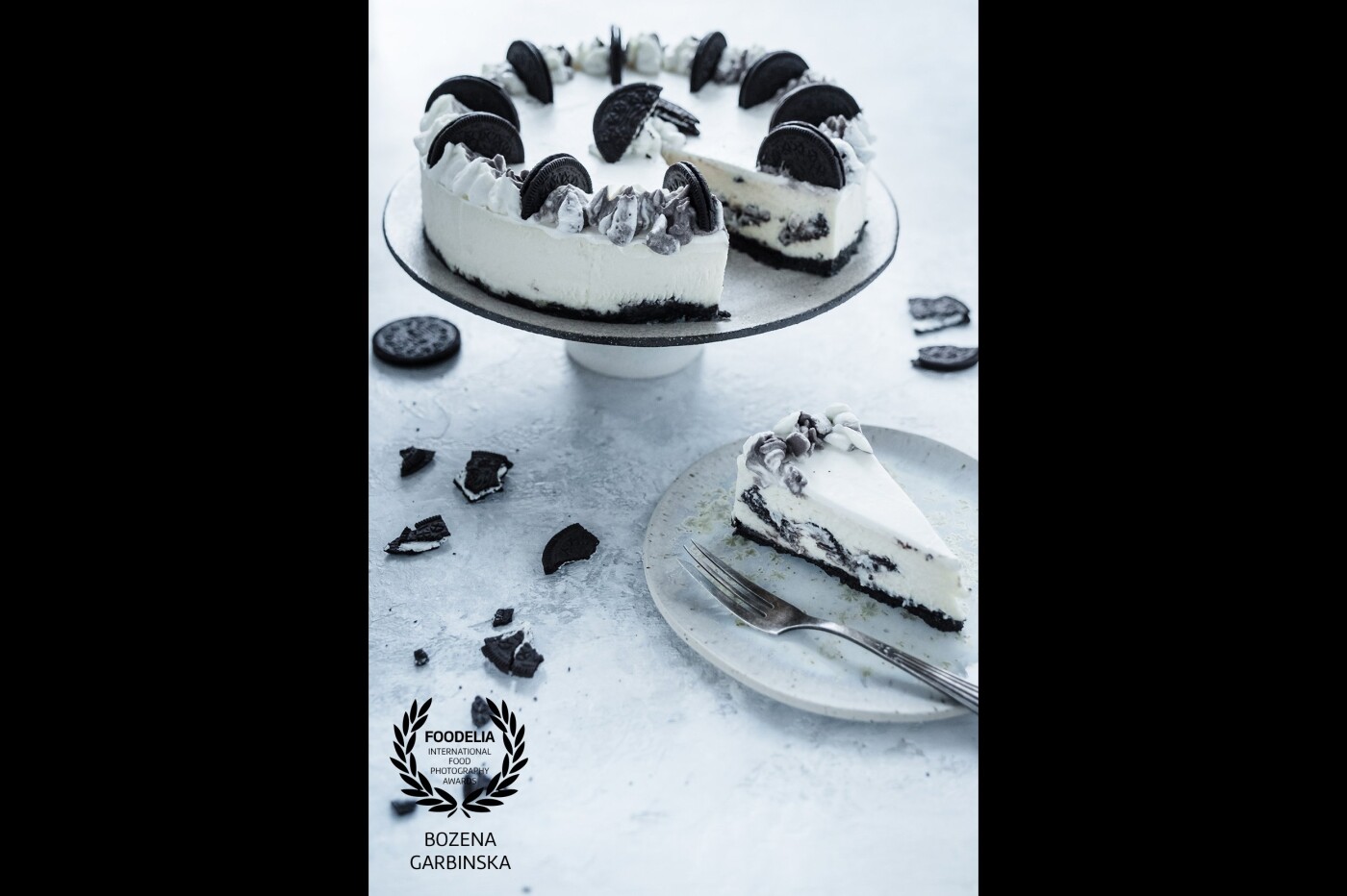 Oreo cheesecake - this cheesecake my daughter likes the most :-)<br />
Camera: Fuji X-T20<br />
Lens: Fujinon 80 mm macro<br />
Settings: ISO 1.600, f/2.8, 1/30 sec, tripod, daylight (just before sunset)