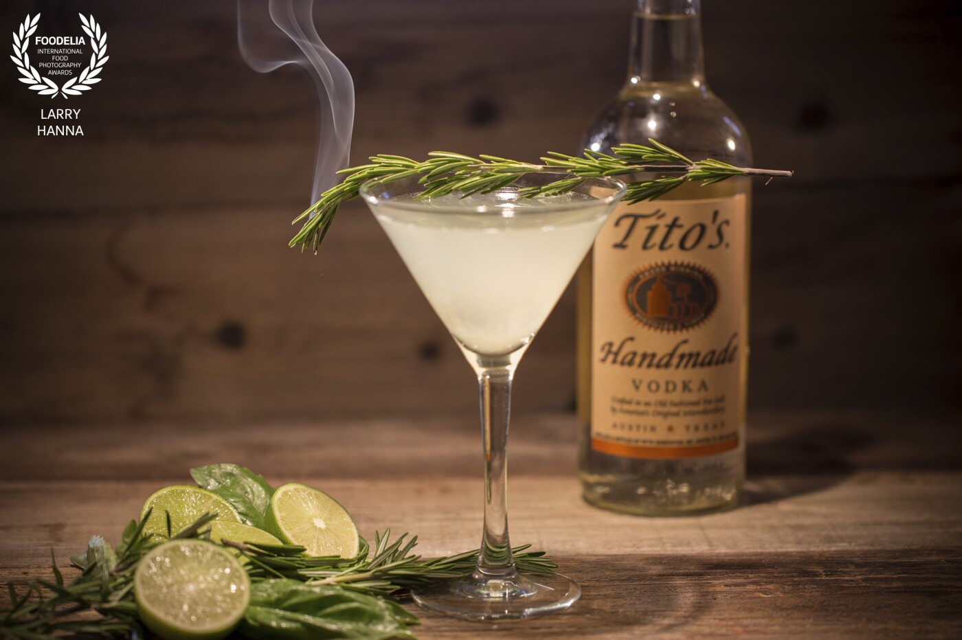 Tito's Rosemary Martini photographed for Joe's American Bar and Grill in Boston, MA.  Photographed on location inside Joe's.  The drink was styled by Amy Villareale