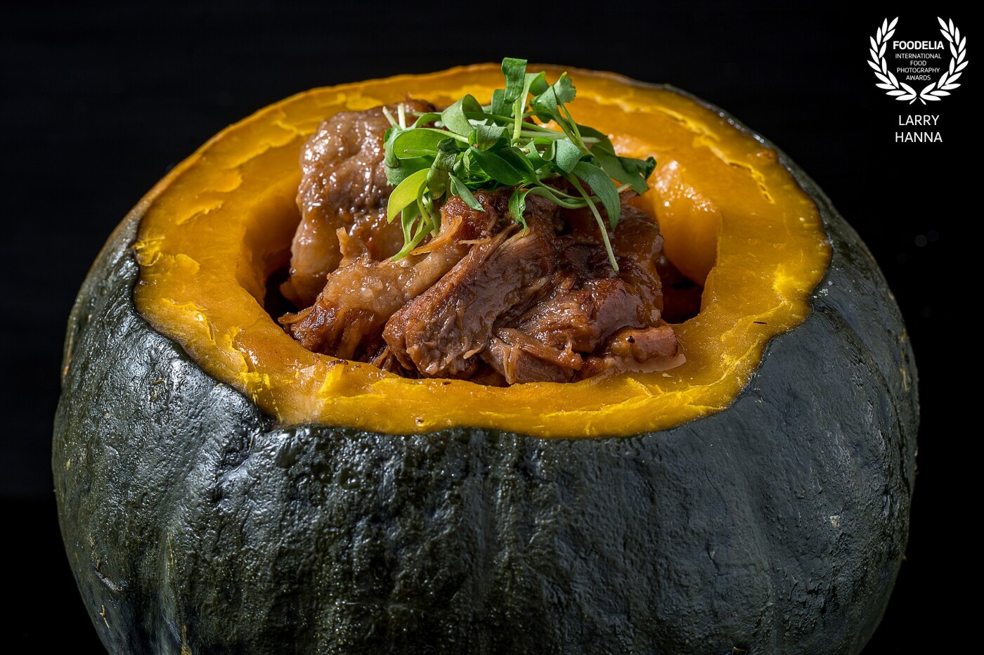 This is oxbow soup in a carved out squash photographed on location for a restaurant in a Las Vegas Casino Hotel.  The creation was styled by food stylist  Amy Villareale.