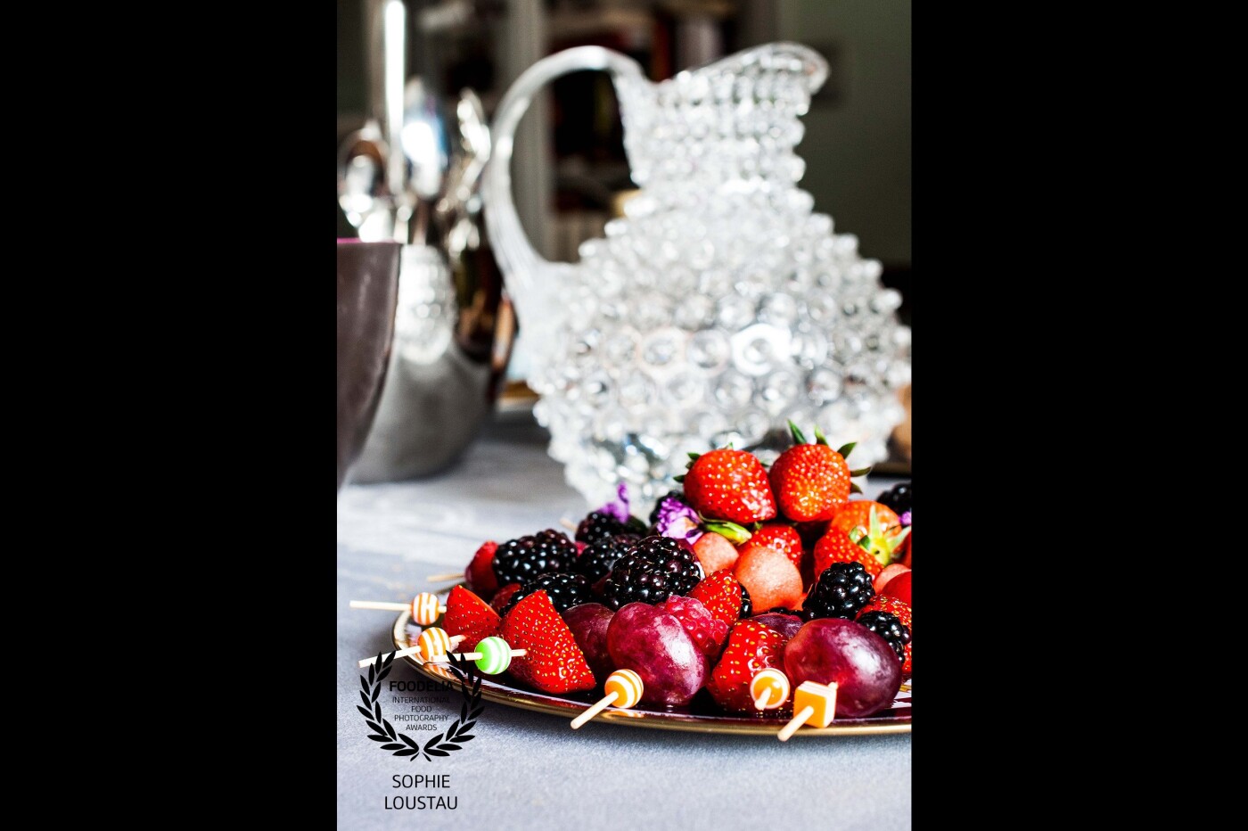Strawberries, grapes, blackberries, fruit skewers prepared by french Chef-Traiteur Jérôme Roux, on a private birthday. <br />
Day Light. 