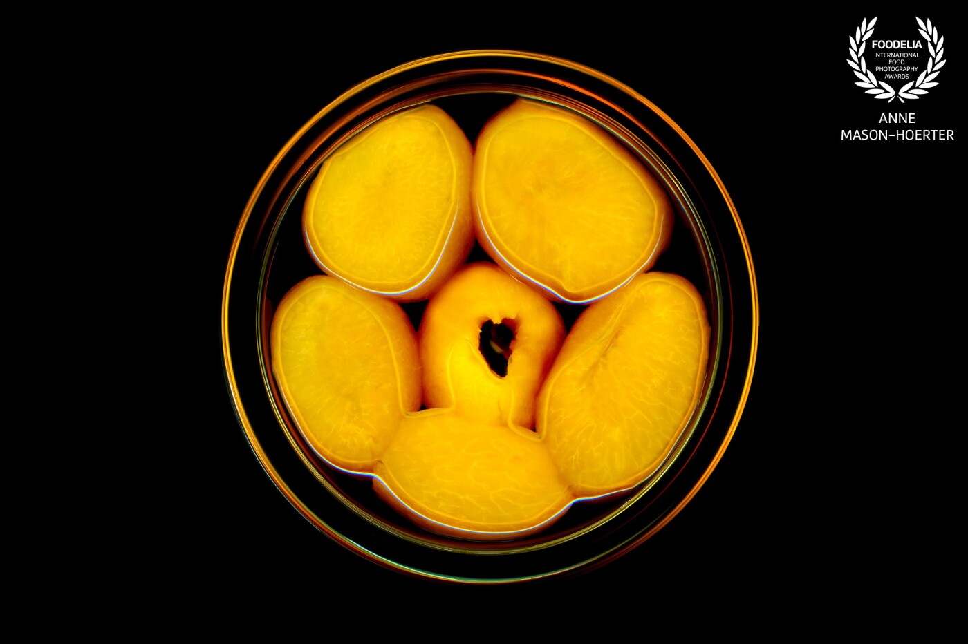 This image of canned Apricots in sugar is from my isolation series. I noticed on the first day of our countries quarantine, a surreal frenzy at the local supermarket for canned goods. I started to wonder if I had missed some important information on the news. This started a chain reaction in me and I too started to buy canned food. Once at home, I started to laugh, because I normally don't buy canned food but also became worried since I am alone. What if I got sick? Suddenly this array of canned food became very important to me. It gave me a funny form of security. All my images in this series are a combination of both multiple scanned imageries and camera data.  Some final images contain over 50 single images. My aim is to create images that display the uniqueness of each canned food item.