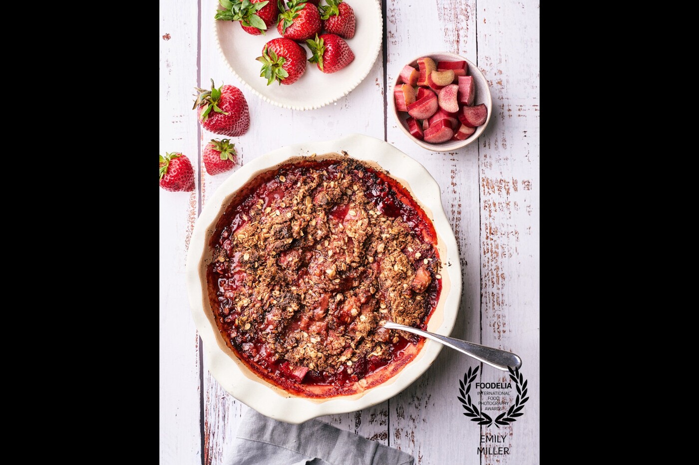 This is a vegan gluten-free strawberry and rhubarb crisp that I shot overhead with a Nikon D810, 50mm/1.8 lens, ISO 100, 1/60 sec, f/8. Godox SK400ii. I let this crisp bake just a few minutes too long, but it still tasted great!