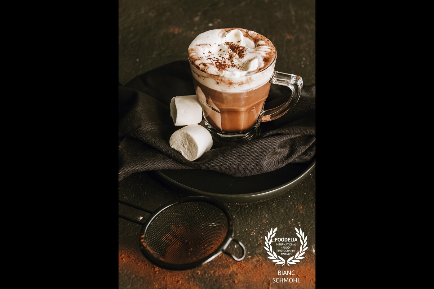 The ultimate autumn and winter drink, hot chocolate with whipped cream and marshmallows. To keep you warm on cold winter days. Dark and moody shot, love that style.