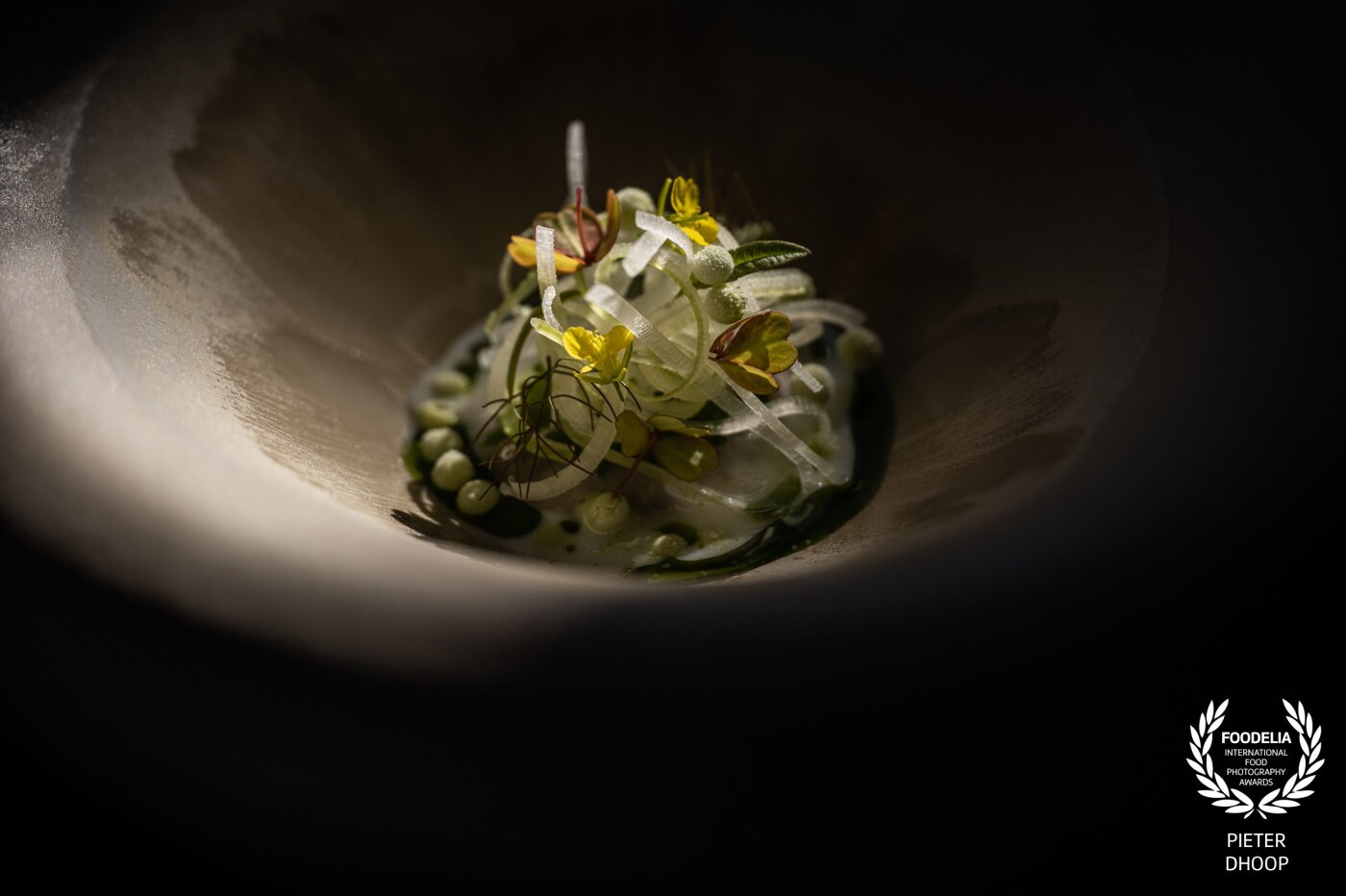 Oyster, celery, mustard flowers, frozen "pakt" flavors. Created by two michelin starred chef Nick Bril from restaurant The Jane in Antwerp (Belgium).<br />
Close to the restaurant they have some roof gardens where they grow a lot of different herbs and flowers that are used in the dishes. Those roof gardens are called "Pakt".<br />
<br />
Image made with the fujifilm GFX100 and GF120mm F4 lens. I've used daylight and had some last sunrays just before the sunset. So I've had to be quick to make sure everything turned out perfect.