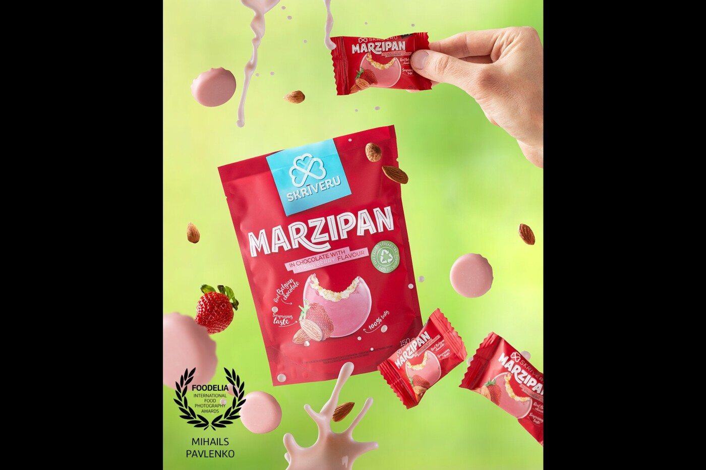 Photoshoot of Skriveru Saldumi @skriverusaldumi product. Marzipan in chocolate with strawberry flavour. Delicious almond paste with real Belgian chocolate.