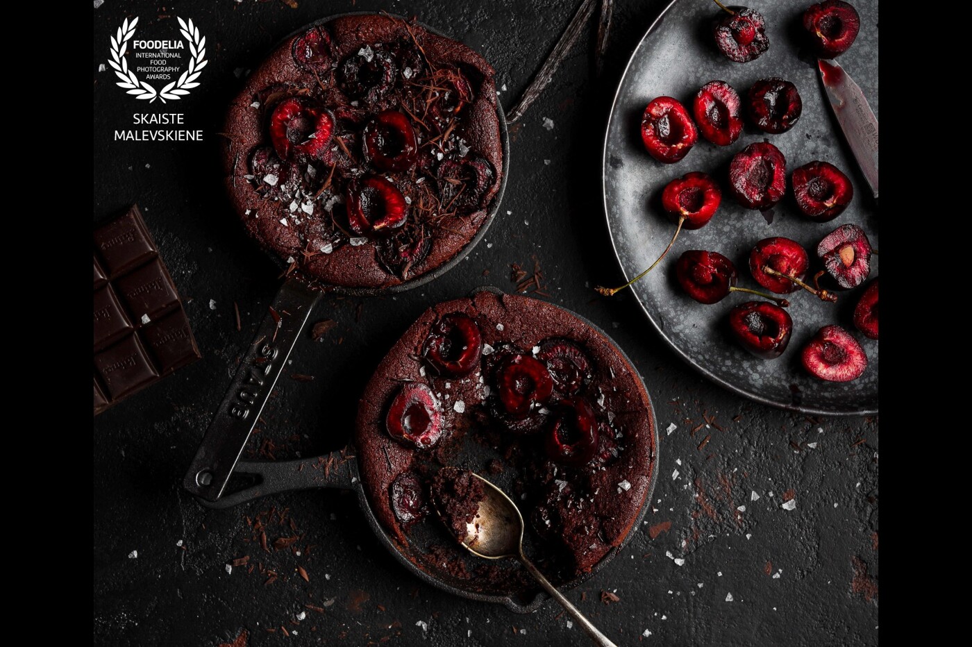 Cherry  Chocolate Clafoutis. There is something magic about cherries and chocolate together. Just wanted to capture this coalition of colors, textures, and tastes. I think this dessert very well catches it all.