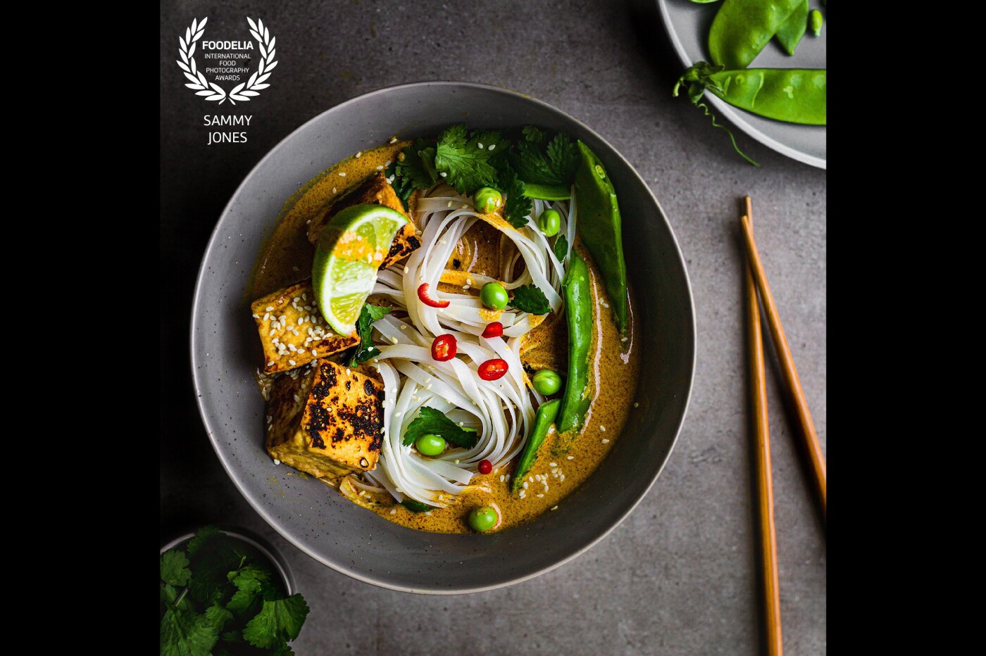 Winter warming Laksa with pan fried Tofu & snow peas. Focusing on creative ways of bringing a soup and noodle dish to life with all it’s  elements.