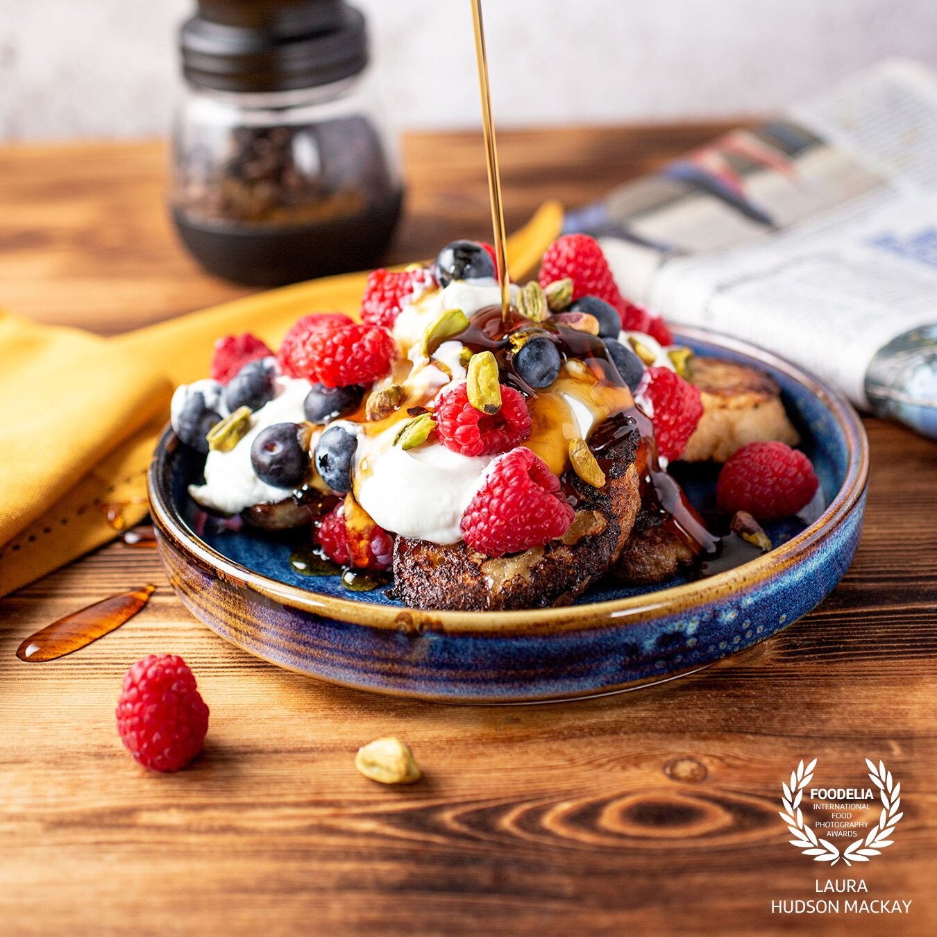 Pain Perdu -  French toast, thick Greek yoghurt, berries, pistachios and lashings of maple syrup... the perfect brunch! Presented by Perch Cafe and Restaurant, Loch Lomond, Scotland, UK