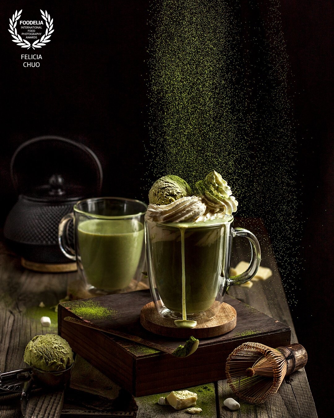 Wanted a rich, moody, and luxurious feel, but with a bit more of a natural edge with the matcha, hence the dark and moody lighting and wooden props. This shot is actually a composite of 5 shots!