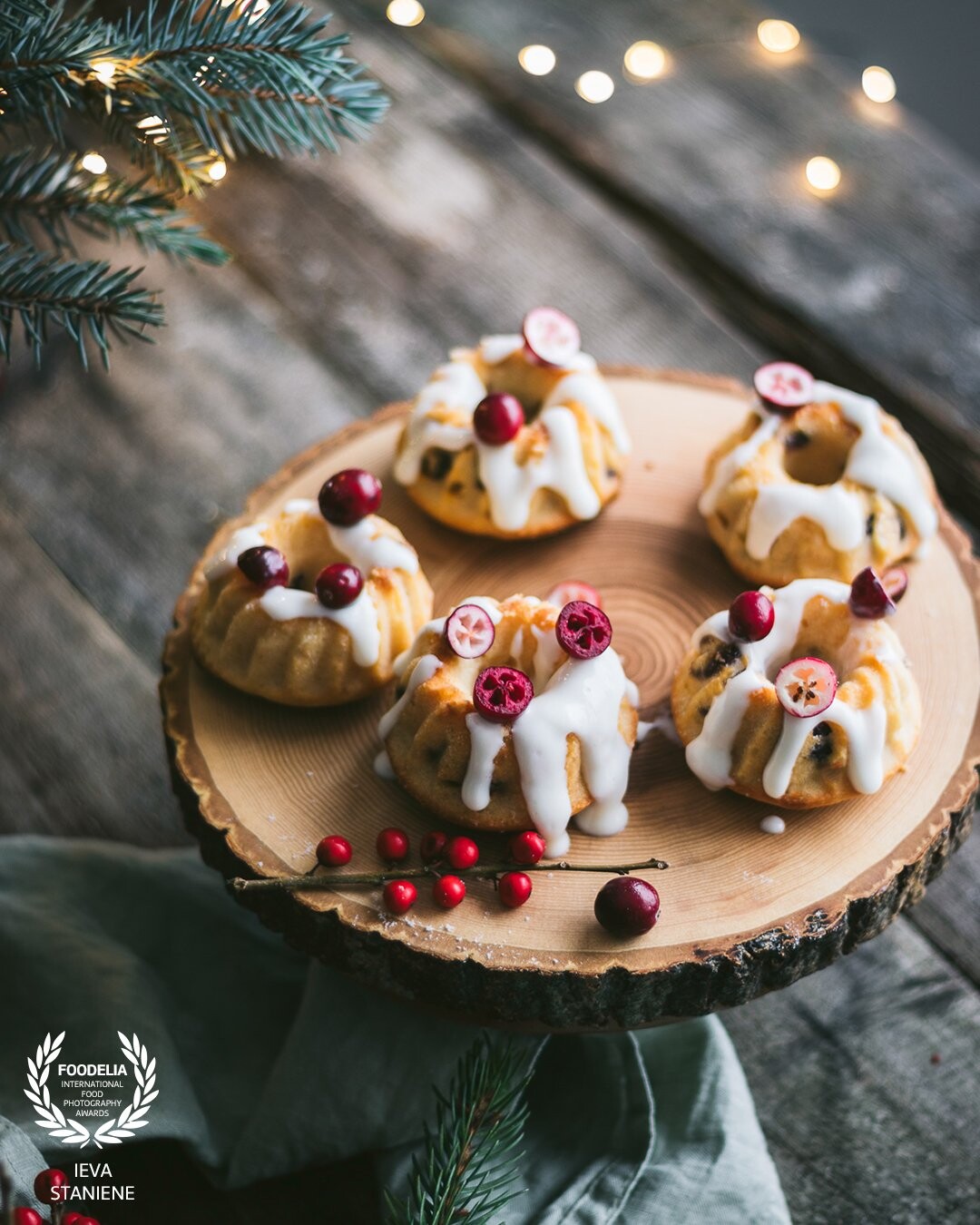 Iโve shot these mini bundt cakes using different angles but backlighting at a slight angle worked magical on the glaze. Iโve included some lights to make this composition more festive but went for very small subtle ones to enhance the softness of the scene.