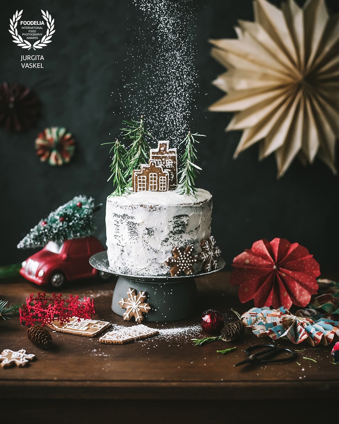 There is just a magical feeling about Christmas that I can't explain or really put into words. That is why I wanted to capture that feeling in one picture. The decorations, the cake, the little town on the top of the mountain covered with snow.