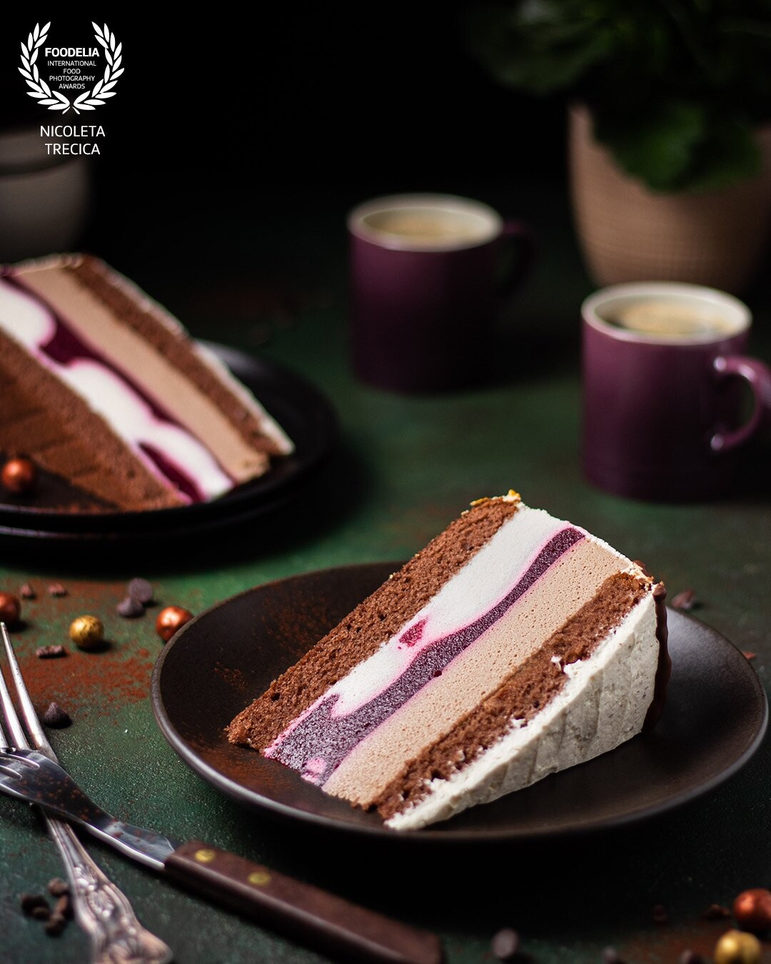 Beautiful slices of mouse cake, my leftovers from a anniversary. I chose to have a photo in a dark mood with colourful layers, recreating a coffee and cake time moment.