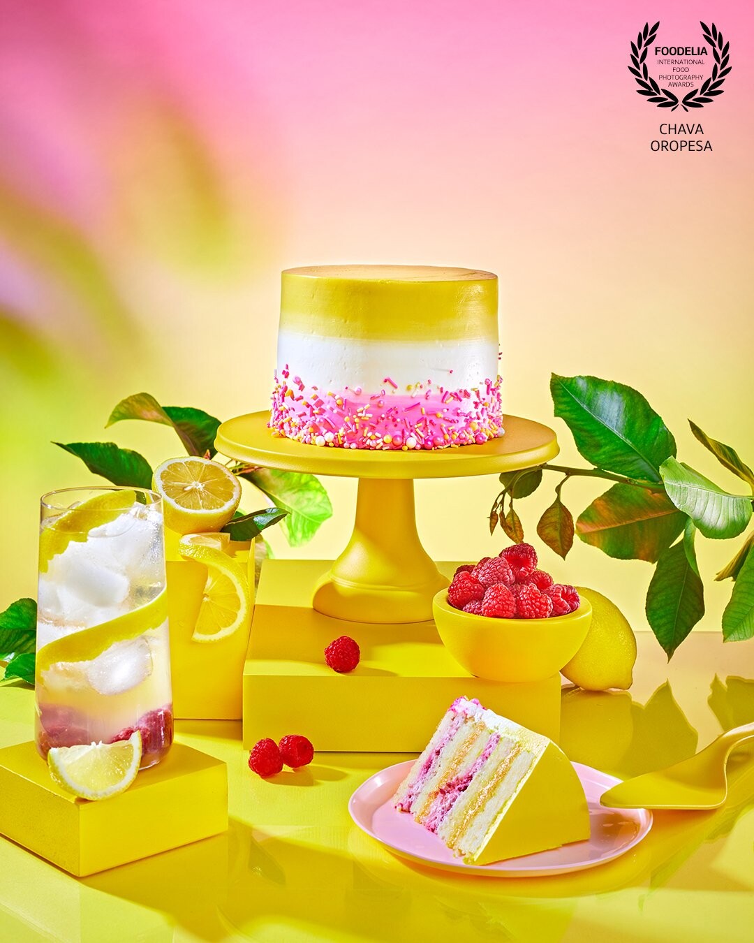 Image created for the launch campaign for a new cake flavor for Noe Valley Bakery.<br />
This Pink Lemonade cake inspired the bright yellow set with red and green accents, creating the color gradient in the background is all done in camera with gels. Hope you enjoy!