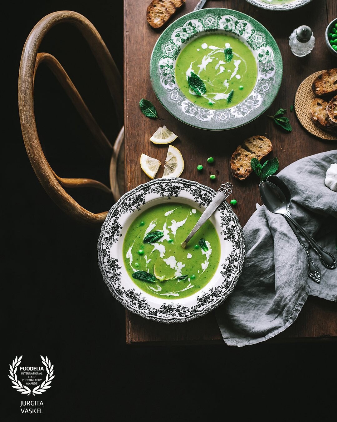 Green, the mixture of blue and yellow, can be seen everywhere and in countless shades.  This green pea and mint soup is eye-catching and delicious. Green is the colour!