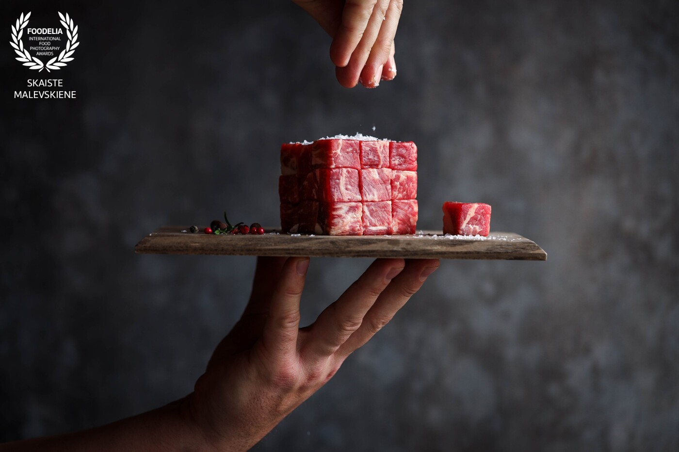 Marble beef cube(s). Sometimes I like to deconstruct the products and take them out of ordinary context. The small marble beef cubes reminded me of Rubik’s cube, so I’ve made one.