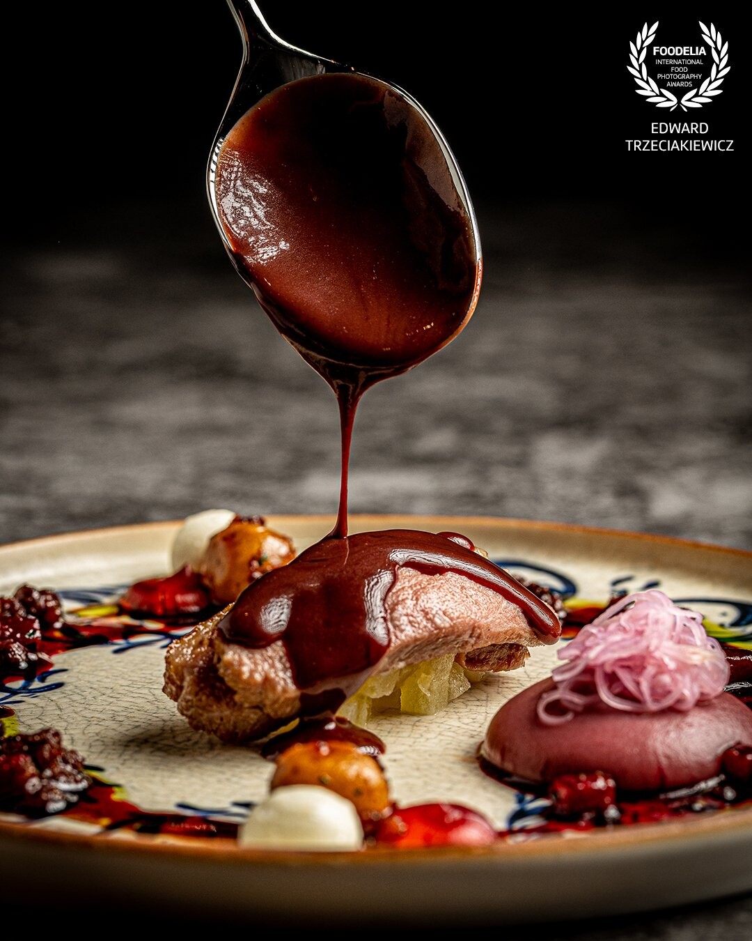 Breast of duck with beetroot textures, ginger sour cream, Sicilian orange gel and liver and onion extraction. <br />
Michelin starred Chef - Andrea Camastra, in his new Restaurant „Nuta” / Warsaw.