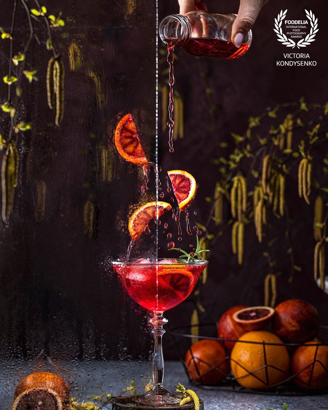 Sparkling Blood Orange Cocktail<br />
Cocktail of love and passion<br />
Secrets behind glass with water drops. Filling and splash as relationship display