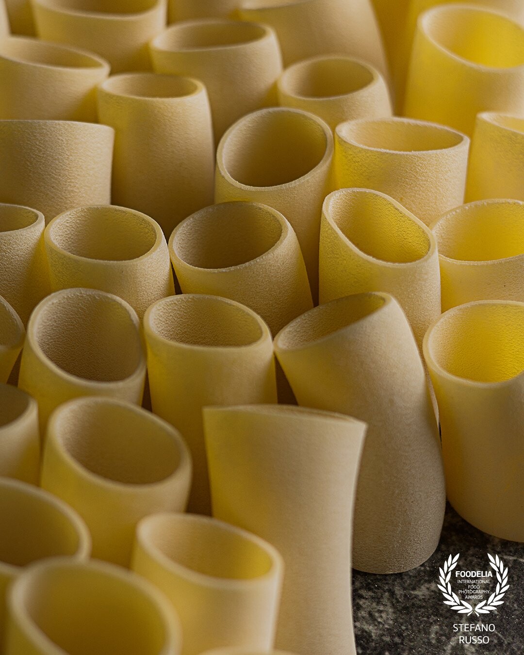 This photo is meant to highlight the texture of the pasta, paccheri di Gragnano, and shows a different point of view for viewing the pasta. One shot and one light. The pasta is from a major Italian manufacturer