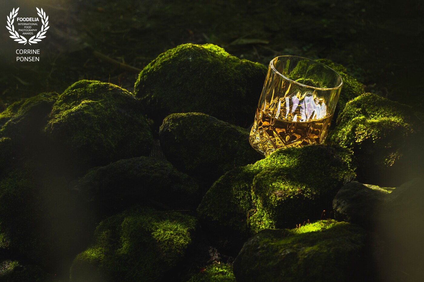 Whiskey on the rocks! Also for this picture I used my garden. Here is a whiskeyglass near the pond and the rocks are covered with moss. So I thought that would make a nice contrast with the whiskeyglass. In this picture I used 2 flashes.
