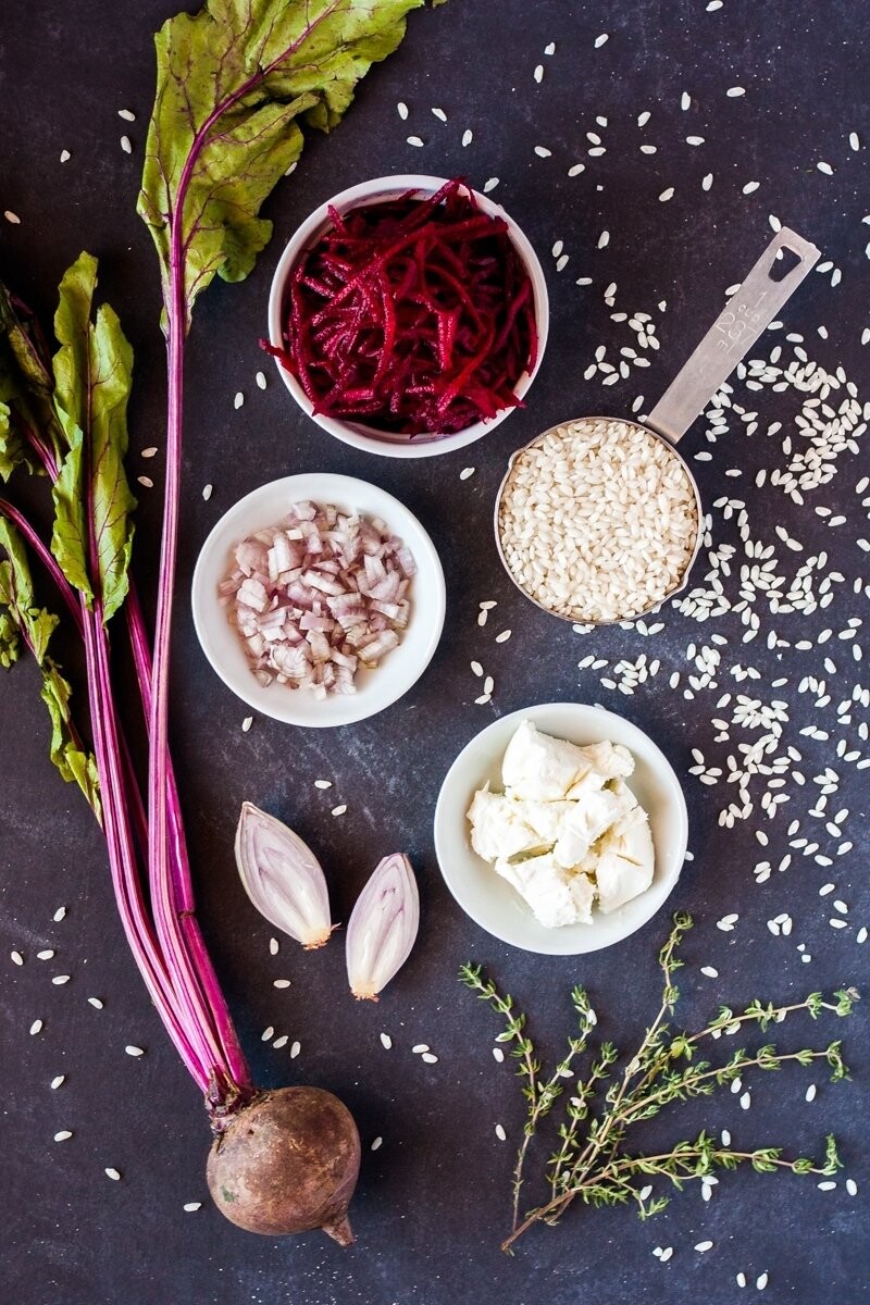 I've always loved beets. They are dark, blood red and stain everything they touch. It's a beautiful contrast to the bright white arborio rice and I wanted to showcase the beet risotto ingredients in a dark and moody atmosphere.