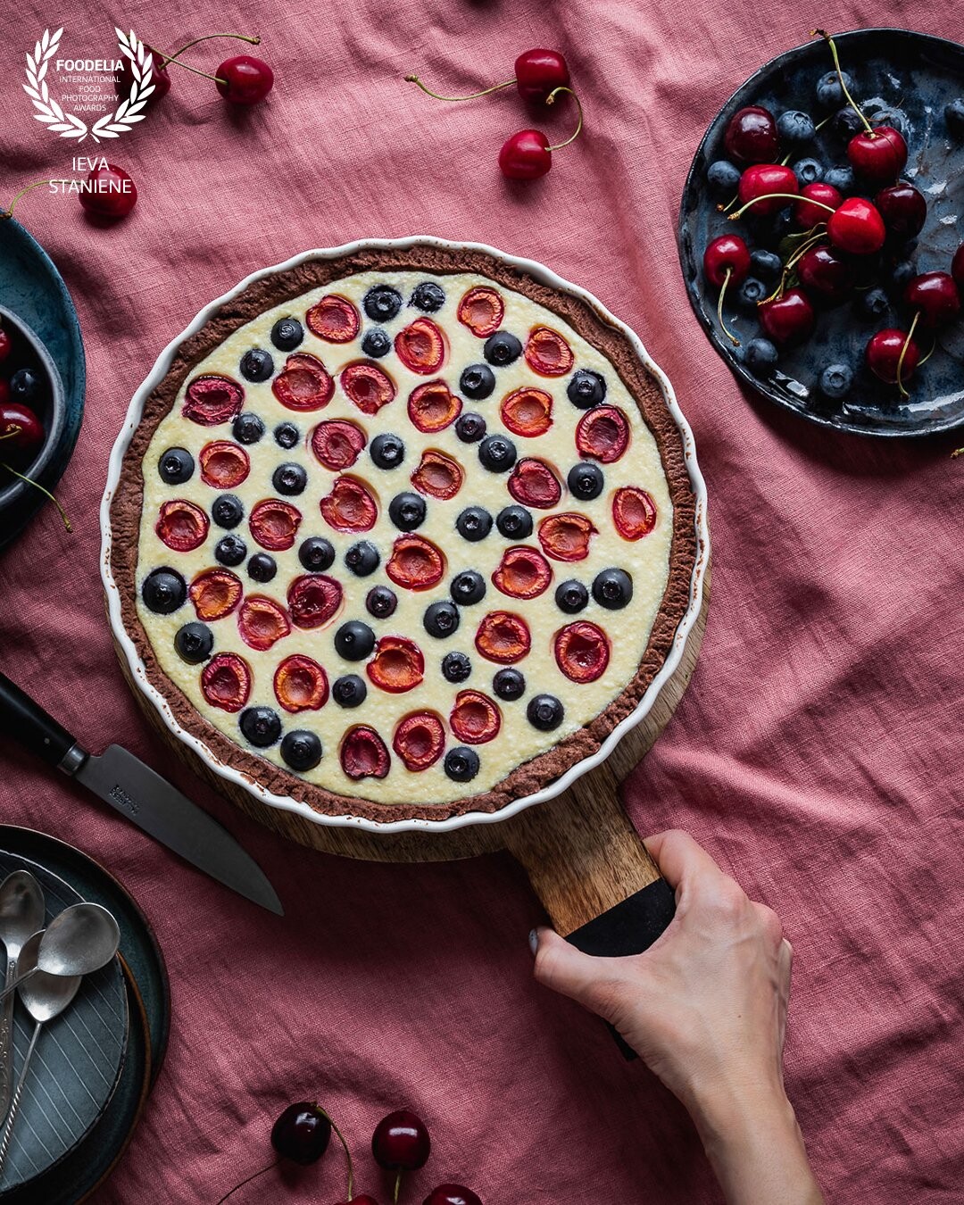 The perfect taste of summer. When we have cherries, blueberries and, actually, all other berries, it’s just the perfect time to make desserts with them.<br />
<br />
As for the shot I wanted this pie to stand out from the frame. Color choice helped to make it happen.
