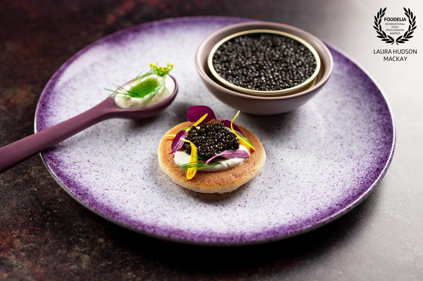 Honoured to invite Scottish chef, Fraser Cameron to collaborate at my photography studio with Sturia caviar. Sturia caviar blini, creme fraiche and petals. On the spoon, creme fraiche, dill oil and fennel crown.