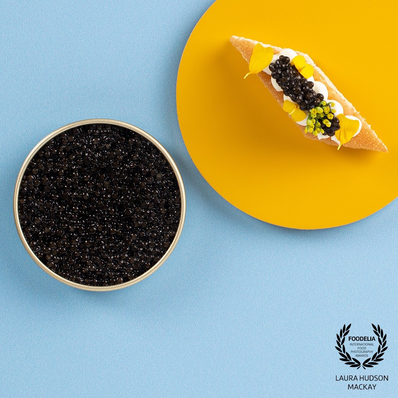 Sturia caviar branding includes colours that absolutely POP!  I chose two of the complementary colours to create a bold flatlay. Collaboration with Scottish chef, Fraser Cameron.  Canape: Sturia caviar, creme fraiche, tagete and fennel crown.