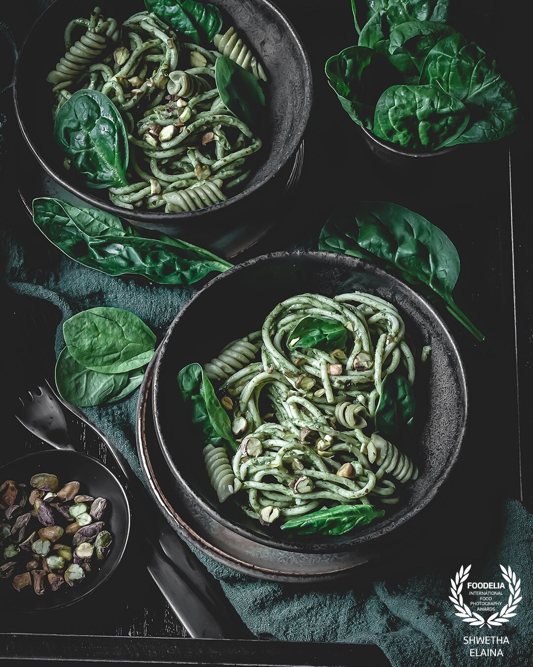 The focus was on color theory, and I chose monochrome. This was an attempt to capture green in all of its glory, with this GF pasta tossed in spinach and roasted pistachio pesto.