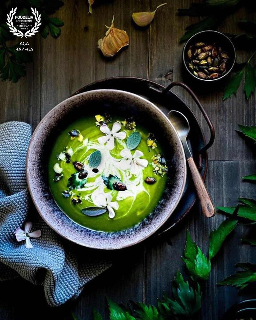 Lovage soup, it is not only tasty but also provides multiple health benefits. Seasoned with roasted pumpkin seeds and pistachios.