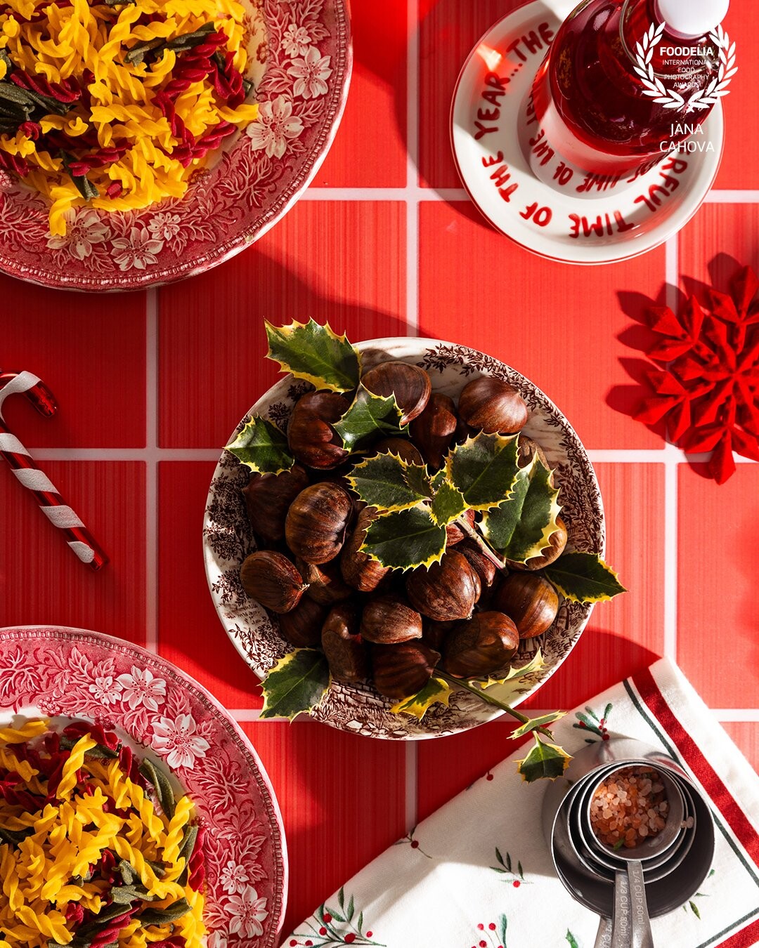  I call this “Christmas in Italy..Nothing beats roasted chestnuts coming out of your oven, colorful Christmas pasta and of course, don’t forget to deck it with boughs of holly!