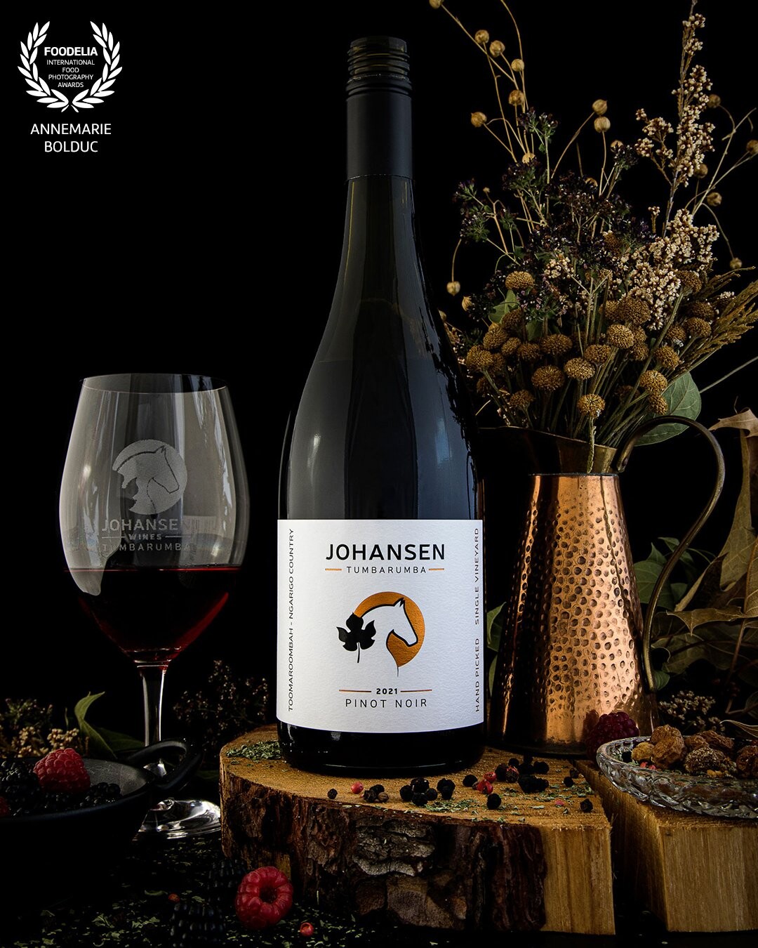 From the label design, styling and photography, this commissioned work was made at my home studio with natural light, perishable props from the garden and a sugar pine log slice from a burnt forest. This local client was celebrating the first vintage since the Black Summer 2019-2020 bushfires, which devastated a fair part of their vineyard. I wanted to express the resilience that emerged from the darkness in this contrast.