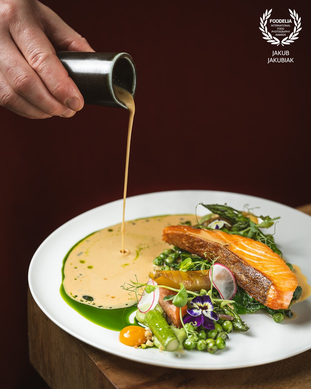 Salmon / Spring vegetables / Ramsons / Passion fruit gel / Green beans puree / Reduced fish stock with saffron  <br />
<br />
Chef Rafał Zieleniucha // @rafalzieleniucha<br />
<br />
Restaurant Kuchnia Otwarta // @kuchniaotwarta_lublin<br />
<br />
Lublin | Poland