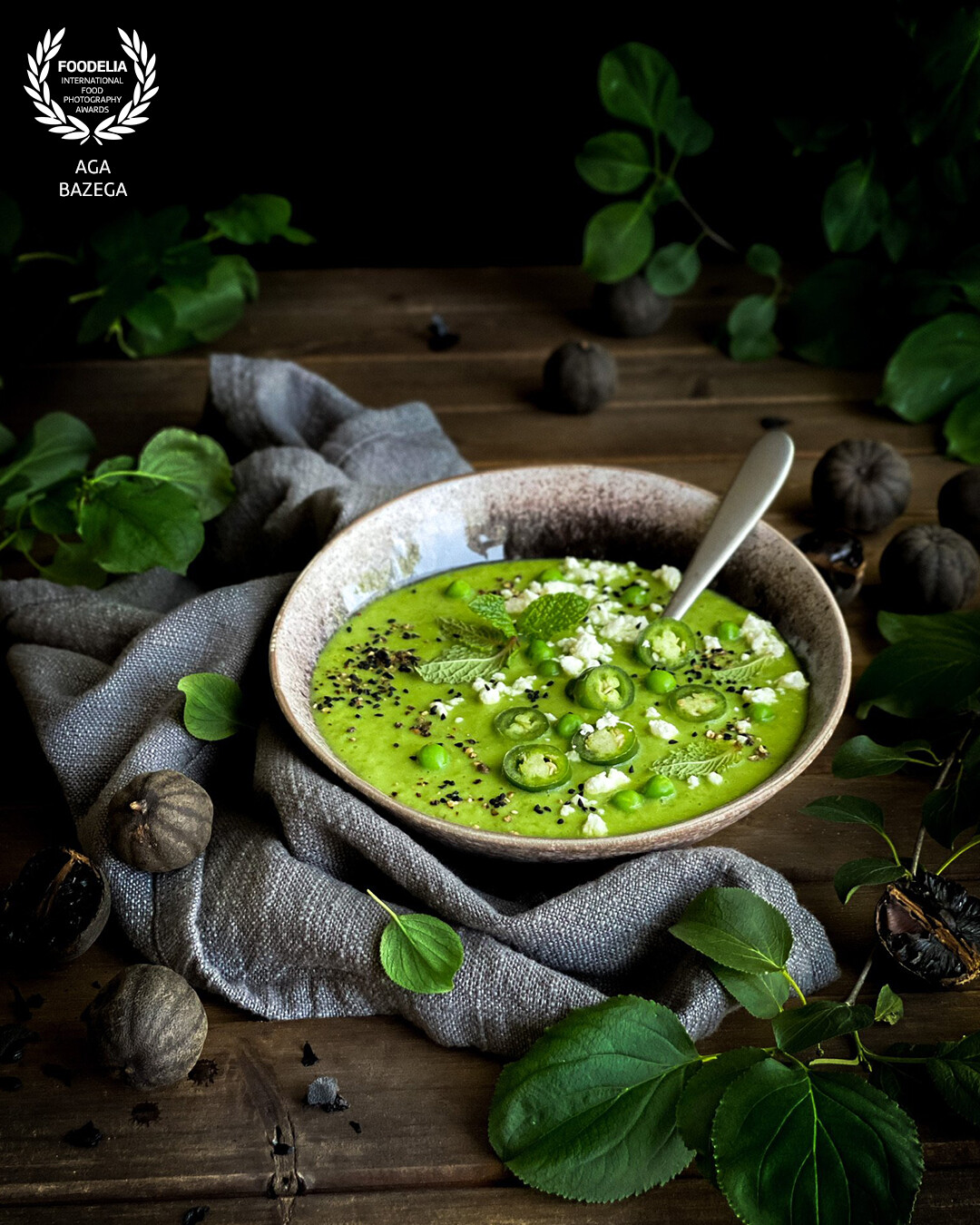 Pea soup, served with feta cheese. Image created for a photography challenge.