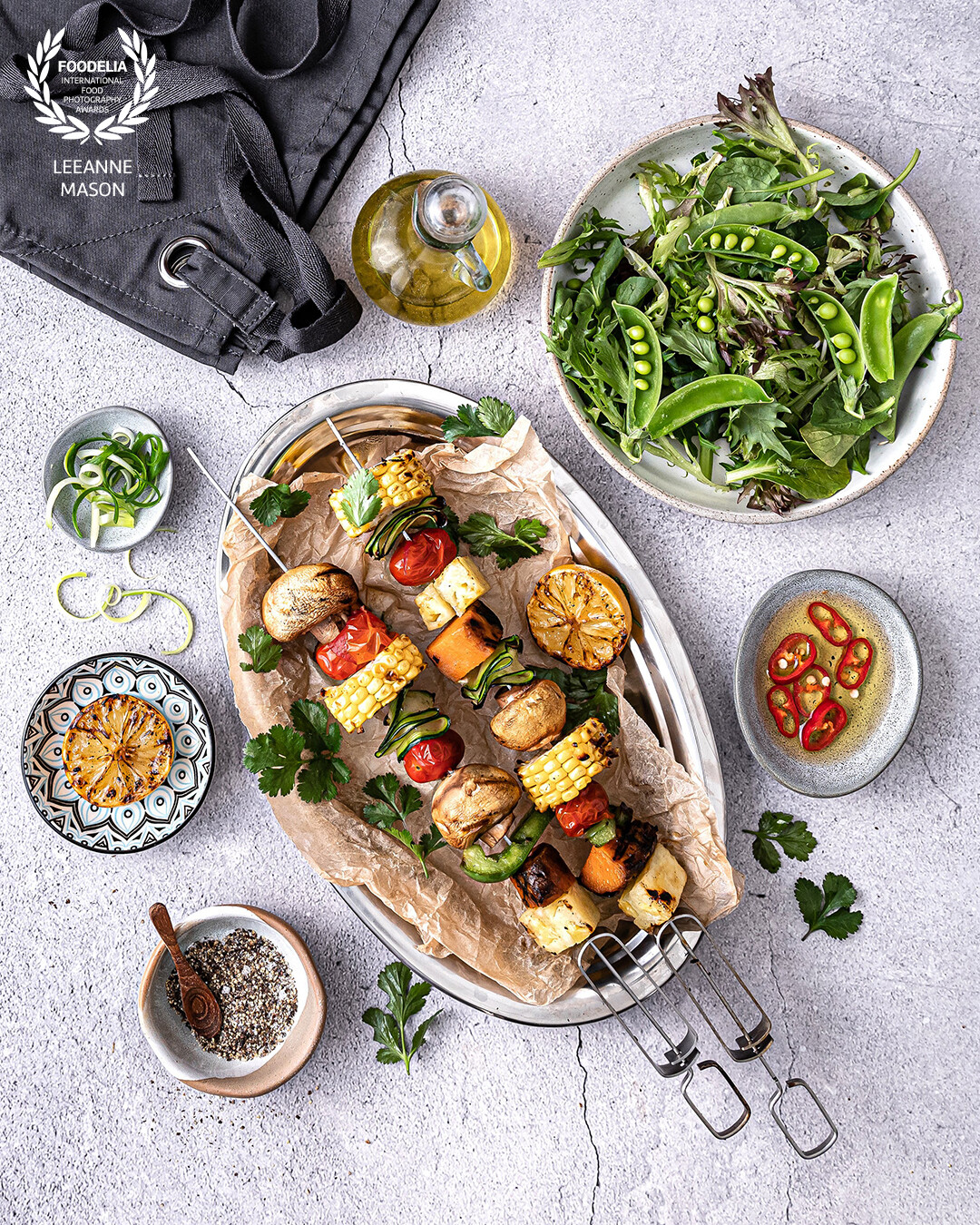 I made these delicious BBQ Vegetable Kebabs with a green salad and chilli oil and spring onion garnish. I used all of the accompaniments to help tell the story and show abundance.