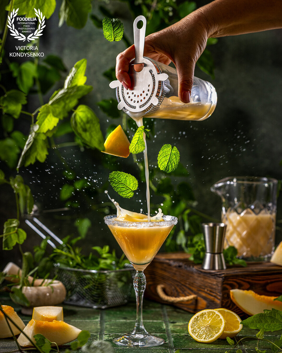 Refresh summer melon drink. Advertising photo shoot of the local Ukrainian family cafe. Fly and splash food